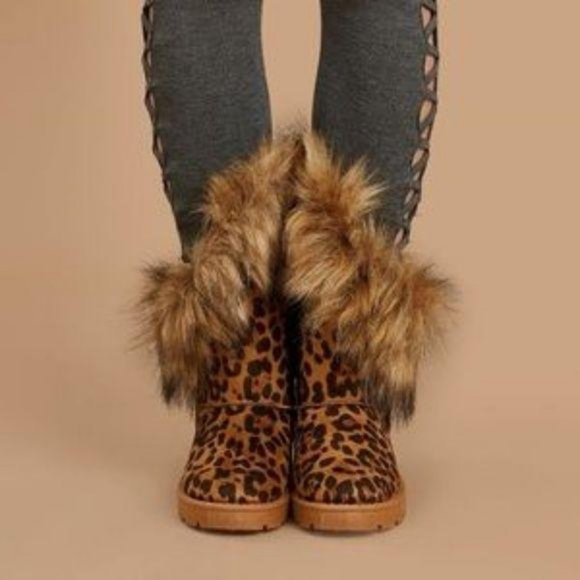 Asymmetrical Faux Fur Pull On Boots in Leopard - Picture 8 of 9